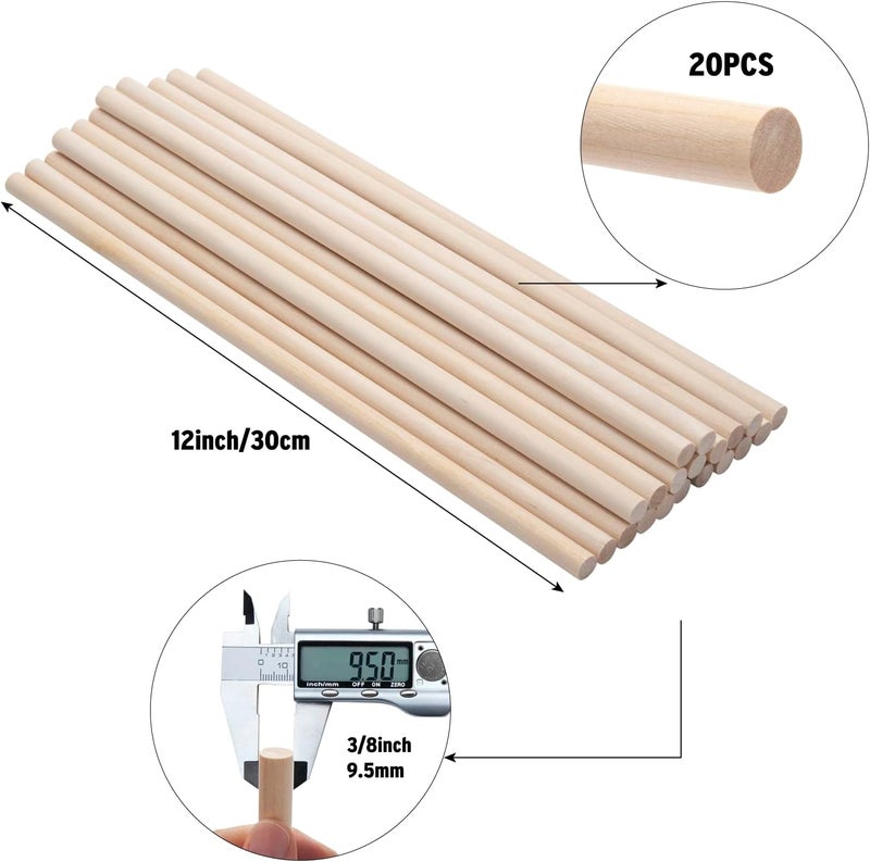 Coowayze Wooden Dowels Wood Sticks for Crafts 3/8 x 12, 20 PCS Wood Dowel Rods, Round Macrame Dowels, Unfinished Hardwood Sticks for Arts and DIYers, Crafting, Tiered Cake Support and Wedding Ribbon Wands - Image 2